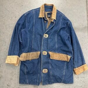 Vintage 90s Robert Comstock Leather collar + cuffs Denim Jacket Size 42 [XL]
